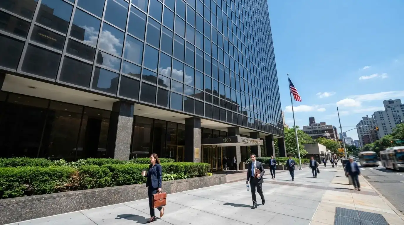 Edificio de oficinas moderno con fachada de cristal bajo un cielo despejado, gente caminando por la acera en una calle de ciudad.