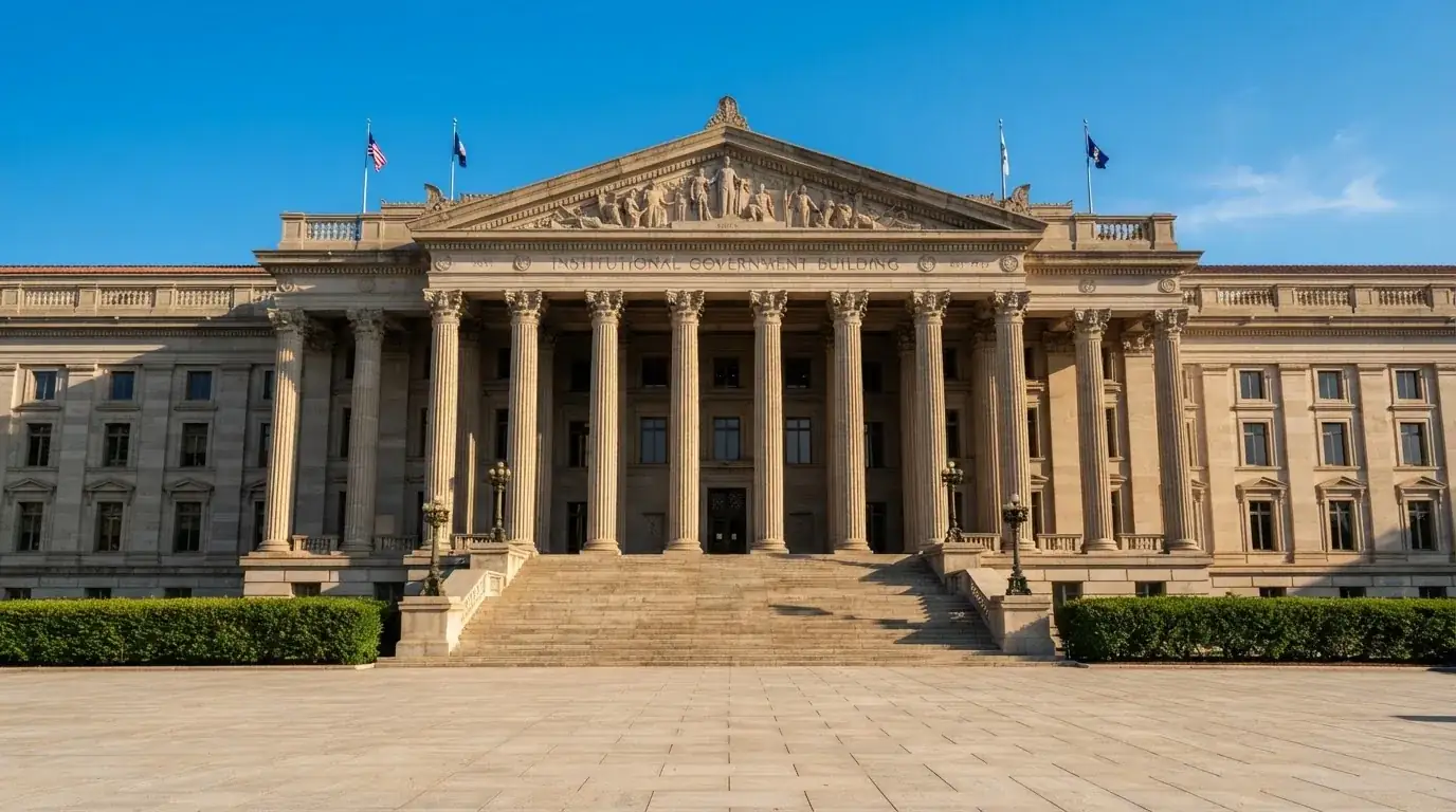 Fachada de un edificio institucional con columnas de piedra bajo un cielo azul despejado, sin ninguna persona visible.