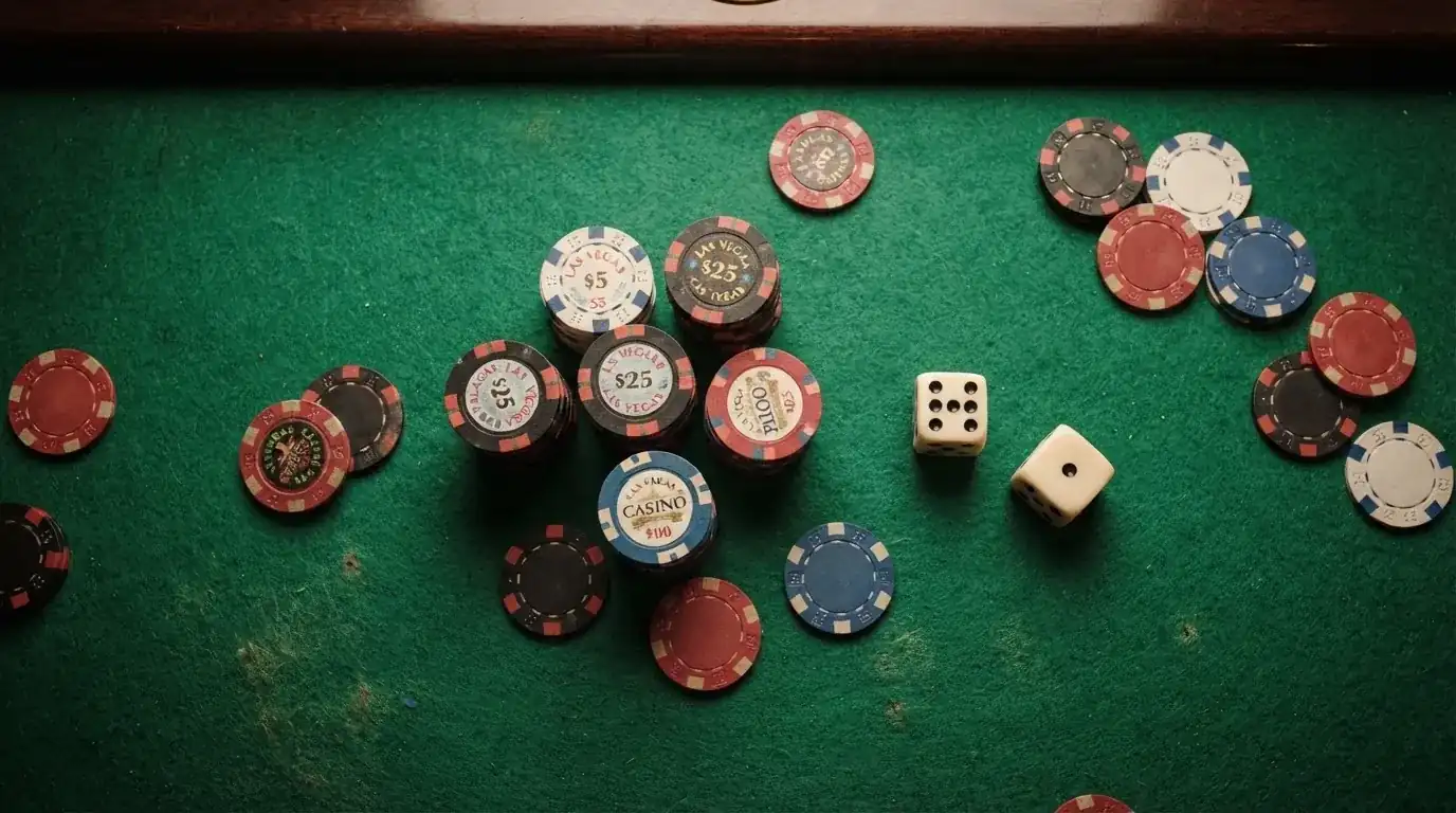 Vista aérea de fichas de casino y dados dispuestos sobre una mesa de fieltro verde bajo una luz suave y cálida.