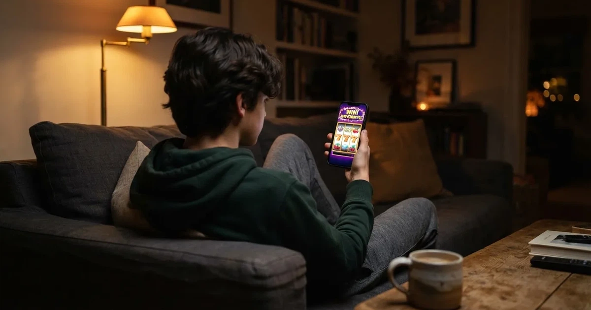 Persona joven sonriente sentada en un sofá moderno, sujetando un teléfono con ambas manos y rodeada de luces cálidas de ambiente nocturno.