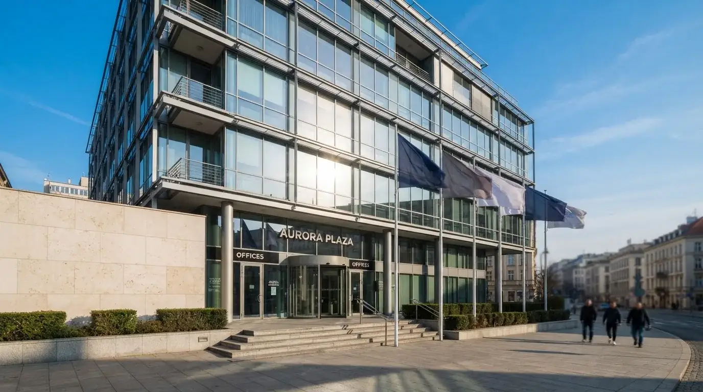 Fachada de un edificio de oficinas moderno con banderas ondeando al viento bajo un cielo despejado en una ciudad europea.
