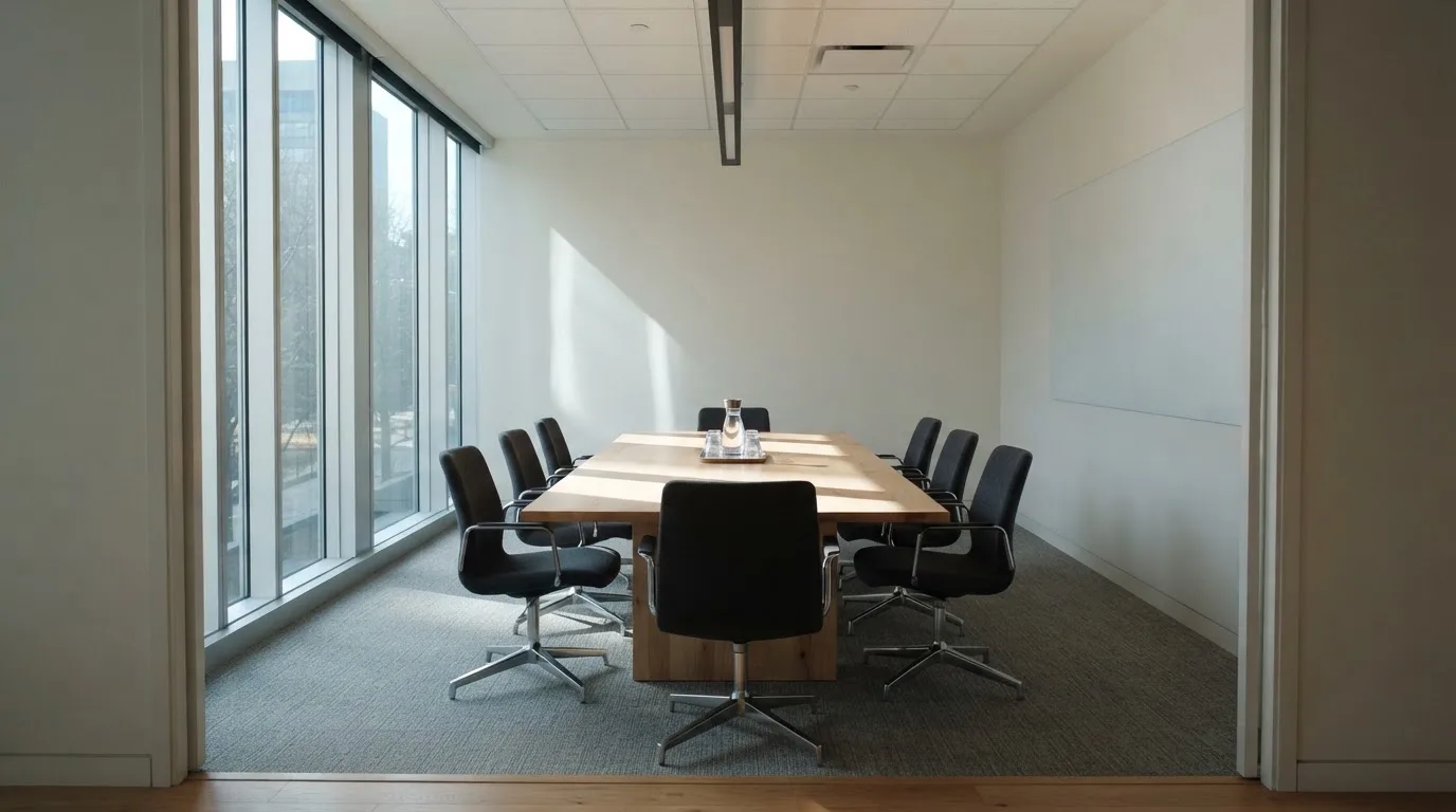 Interior de una sala de reuniones vacía con sillas ordenadas alrededor de una mesa larga y luz natural entrando por ventanales.