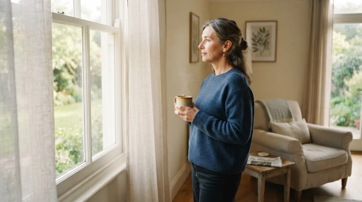 Persona de mediana edad mirando pensativa por una ventana con una taza de café en la mano en una sala tranquila.