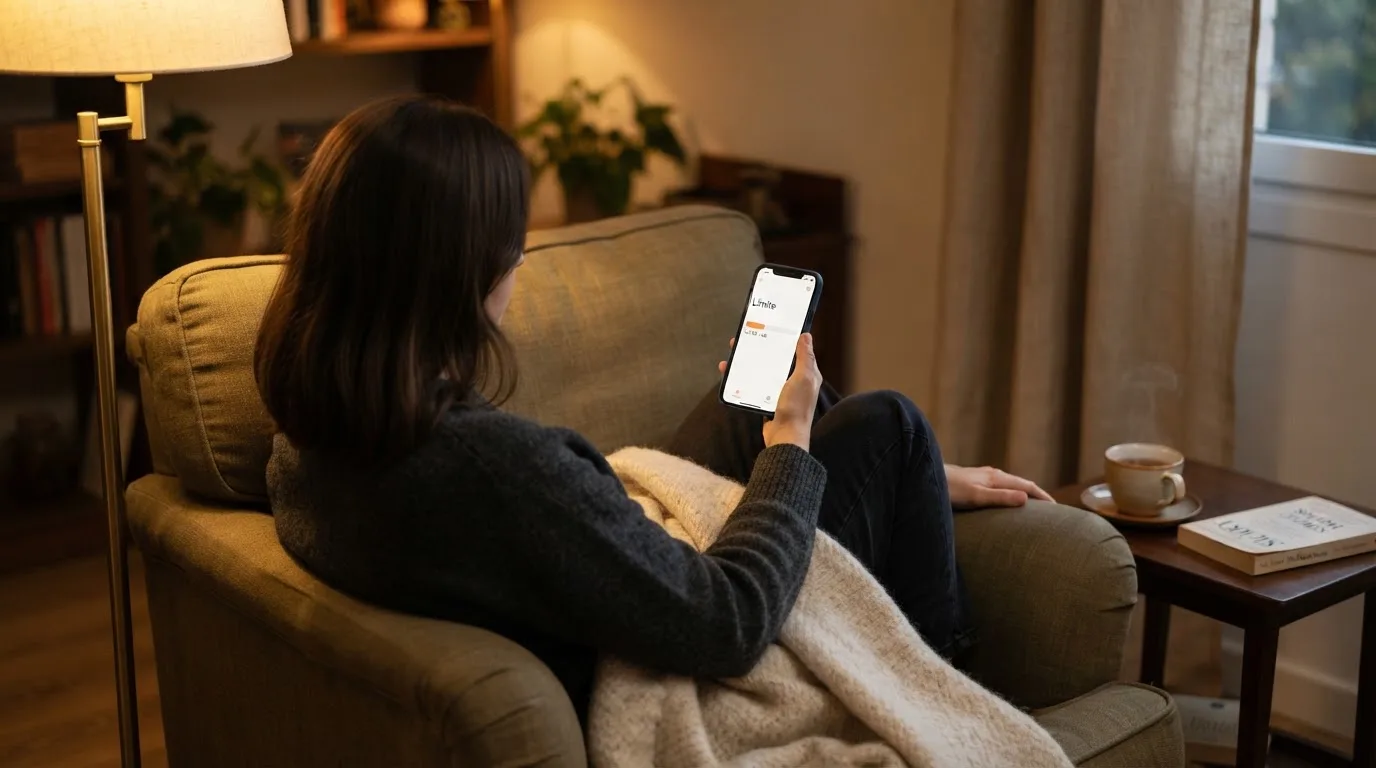 Persona sentada en un sillón cómodo consultando un teléfono móvil con una manta sobre las piernas en una sala tranquila.