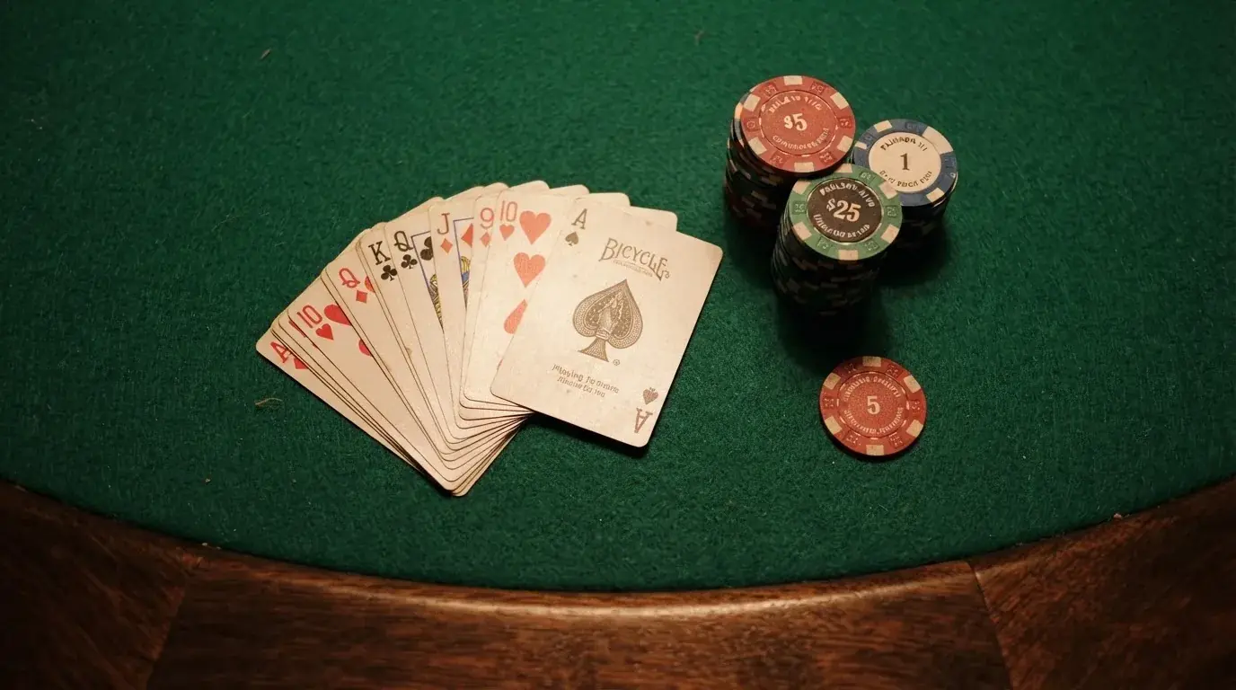 Vista cenital de una baraja de cartas y fichas de casino apiladas sobre una mesa de fieltro verde.
