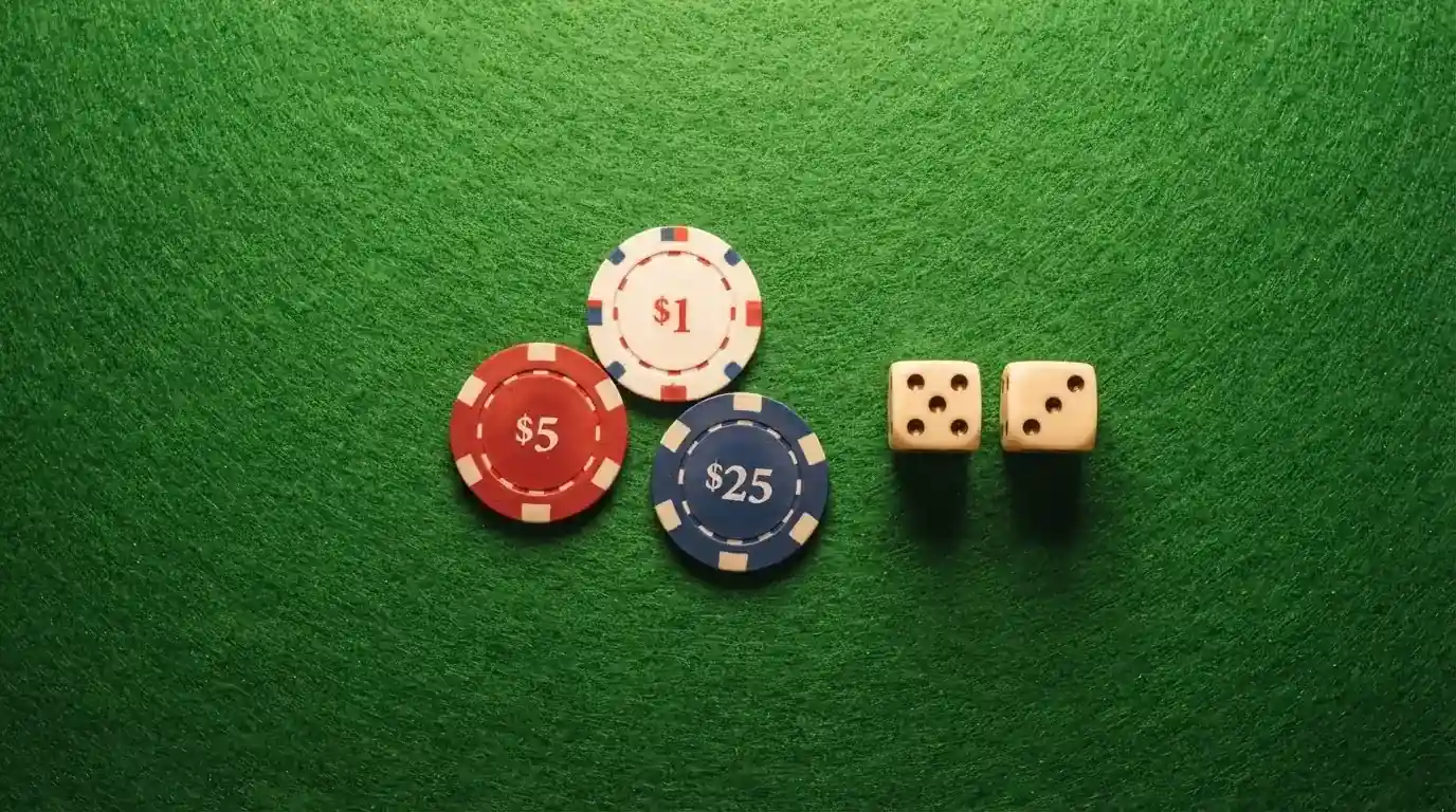 Vista cenital de fichas de casino y dados sobre una mesa de fieltro verde bajo luz suave.