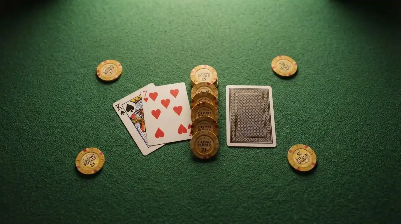 Vista cenital de fichas doradas y una baraja de cartas sobre una mesa de fieltro verde.