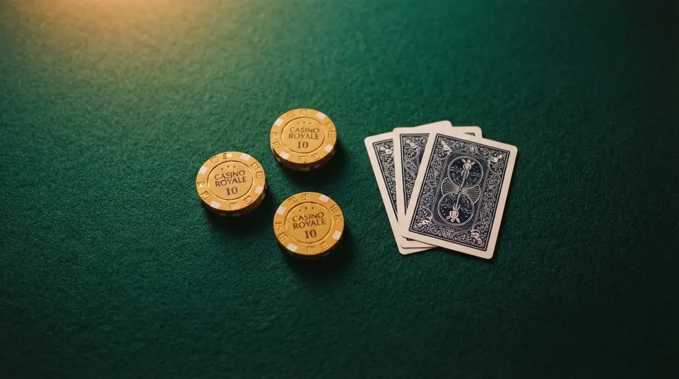Vista cenital de fichas doradas y una baraja de cartas sobre una mesa de fieltro verde.