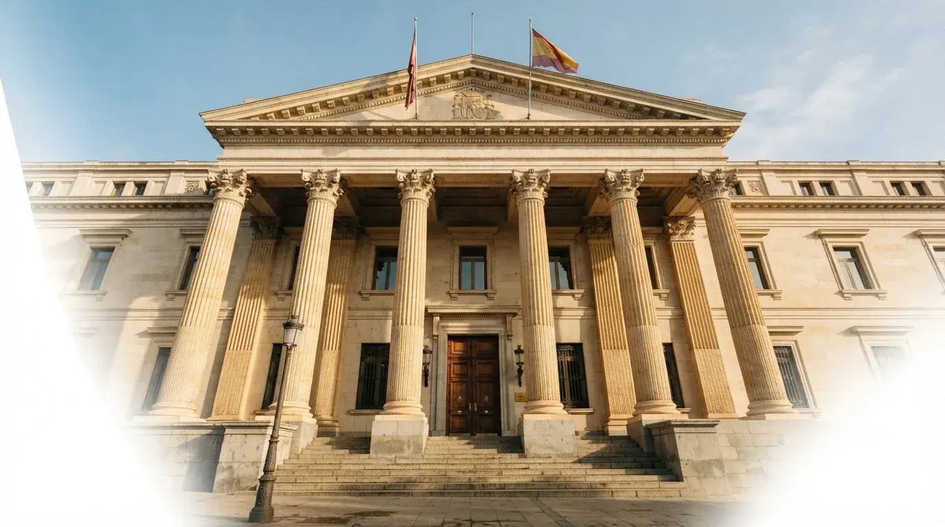 Fachada de un edificio institucional con columnas y banderas ondeando bajo un cielo despejado.