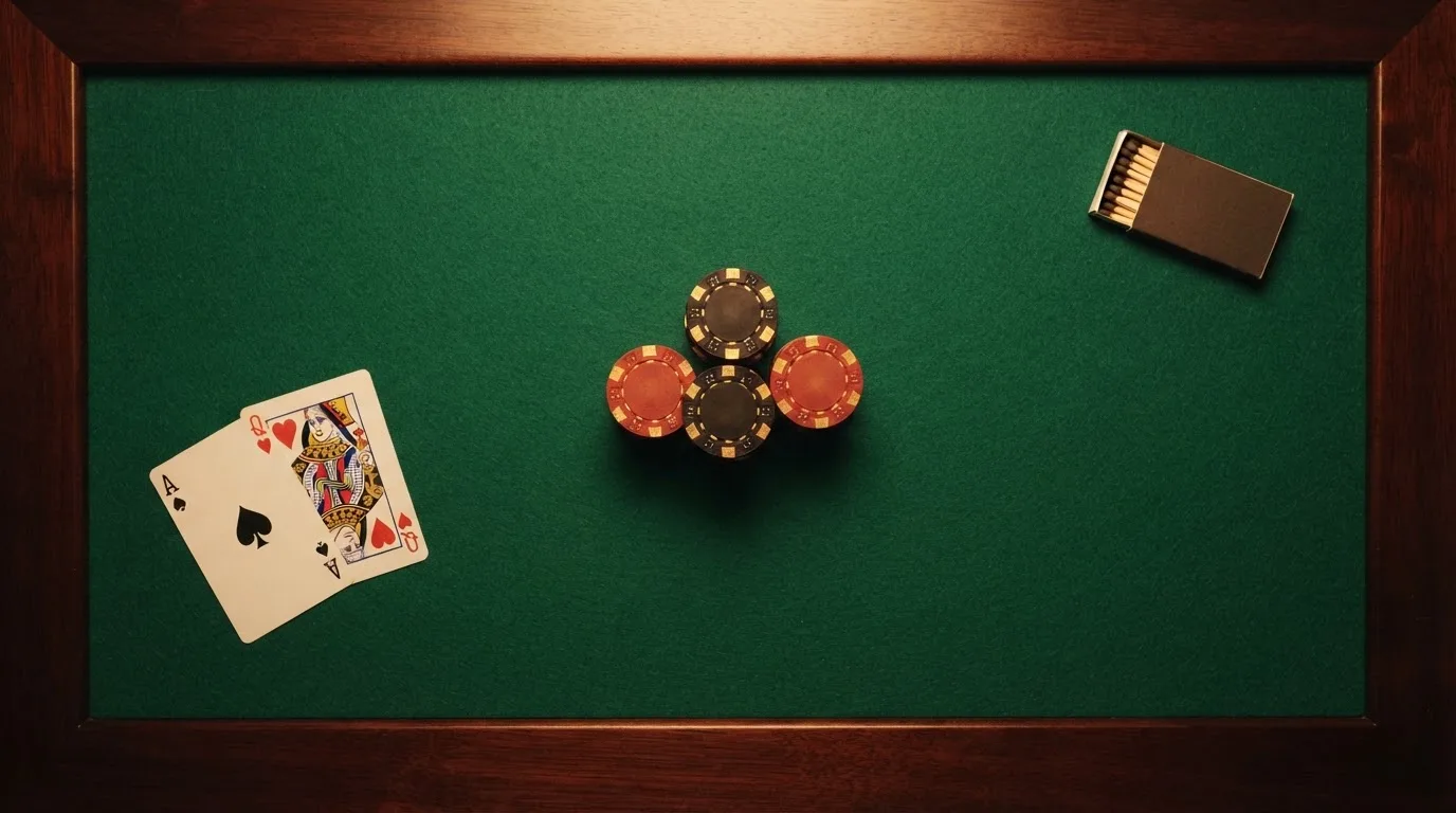 Vista cenital de fichas doradas y una baraja de cartas sobre una mesa de fieltro verde.