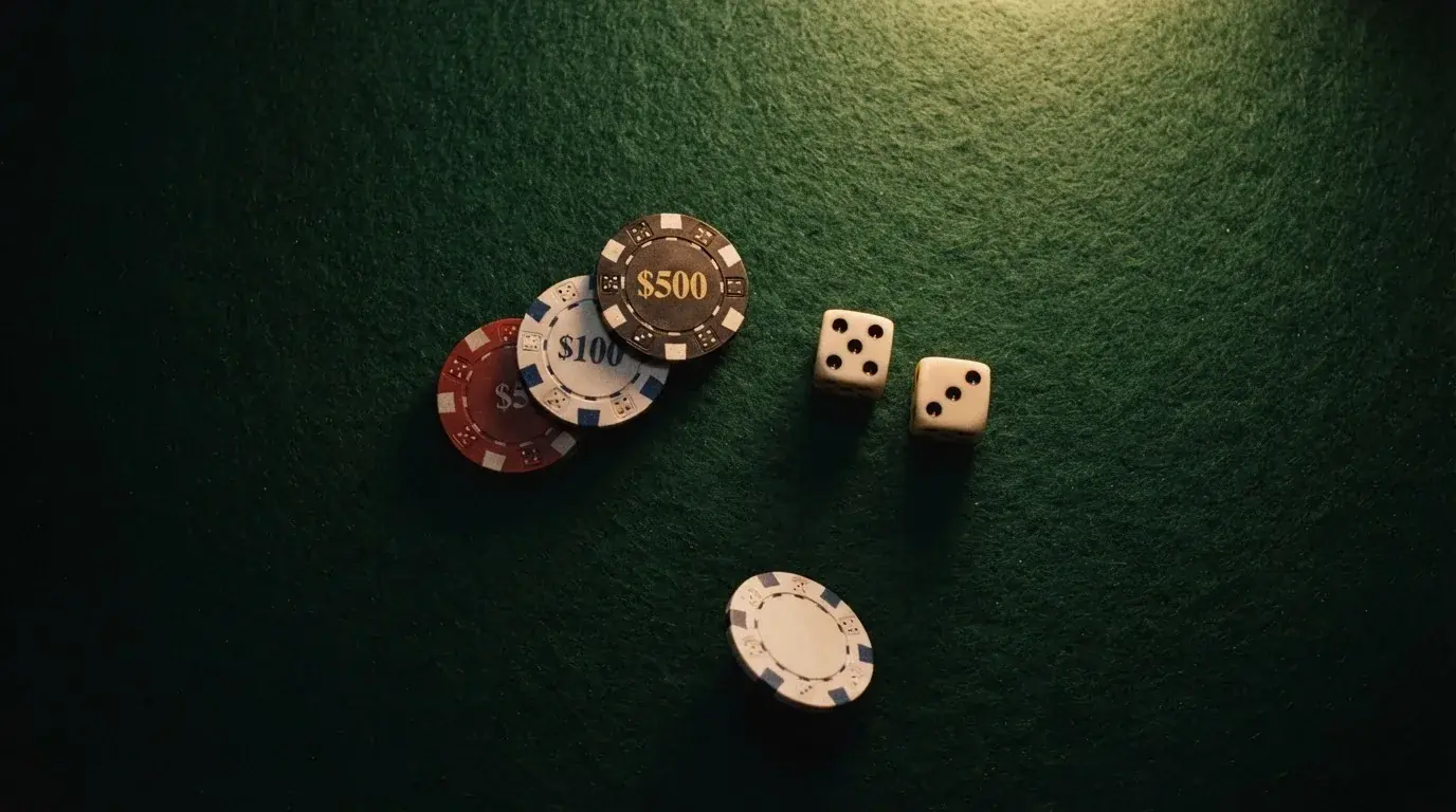 Vista cenital de fichas de casino y dados sobre una mesa de fieltro verde bajo luz suave.