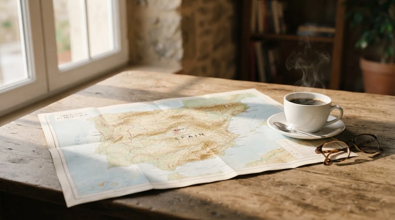 Un mapa físico de España sobre una mesa de madera junto a una taza de café y unas gafas, con luz natural entrando por una ventana.