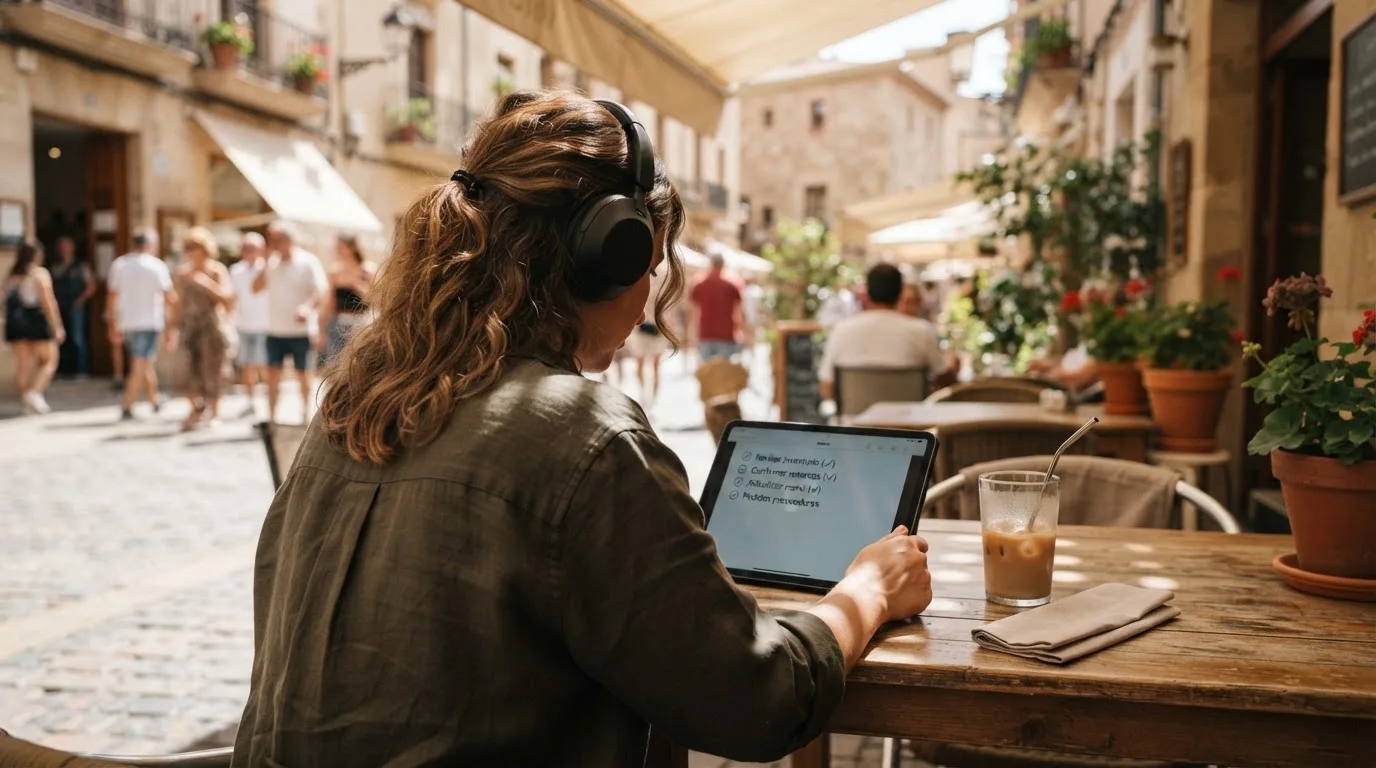 Una persona con auriculares revisa una lista en una tableta apoyada sobre una mesa de café en una terraza soleada.