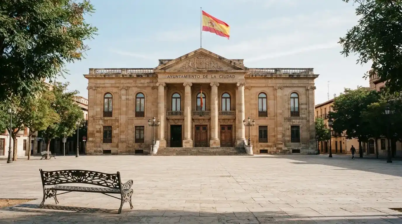 Un edificio gubernamental con columnas clásicas y una bandera bajo un cielo despejado, fotografiado desde una plaza tranquila.