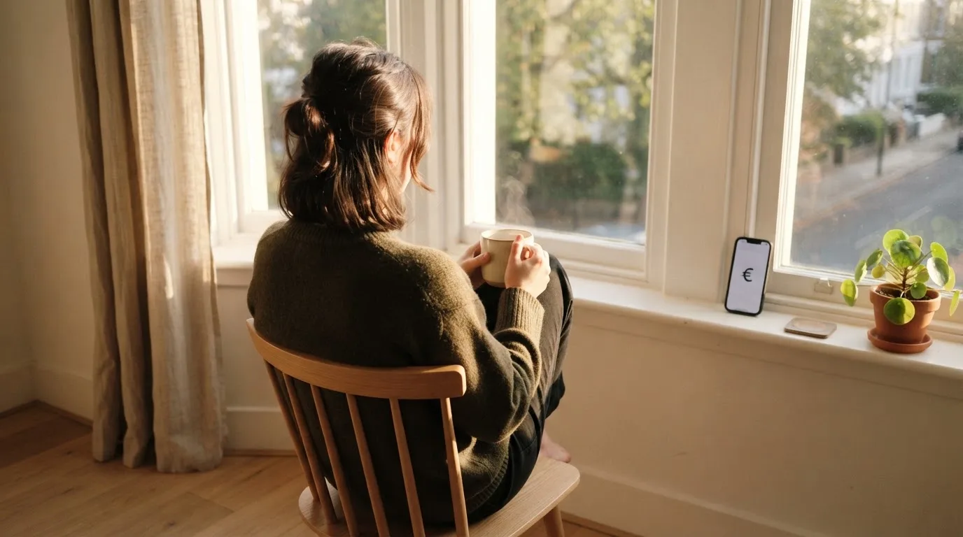 Una persona sostiene una taza de café mientras mira un teléfono móvil sentada junto a una ventana con luz de mañana.