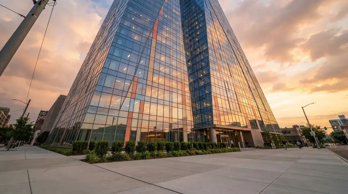 Un edificio de oficinas con fachada de cristal reflejando nubes, fotografiado desde una acera ancha por la tarde.