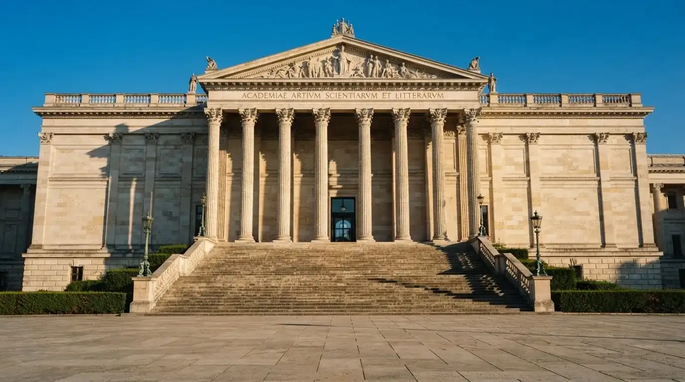 Un edificio institucional de piedra con columnas clásicas bajo un cielo despejado en una plaza amplia.