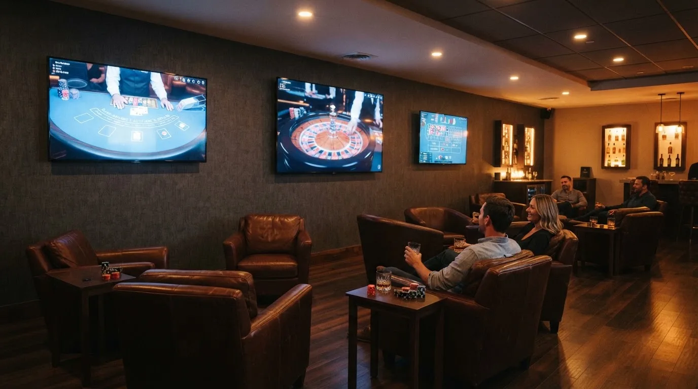 Fotografía de un salón de casino moderno con pantallas de transmisión en directo y sillones cómodos, ambiente cálido y profesional.