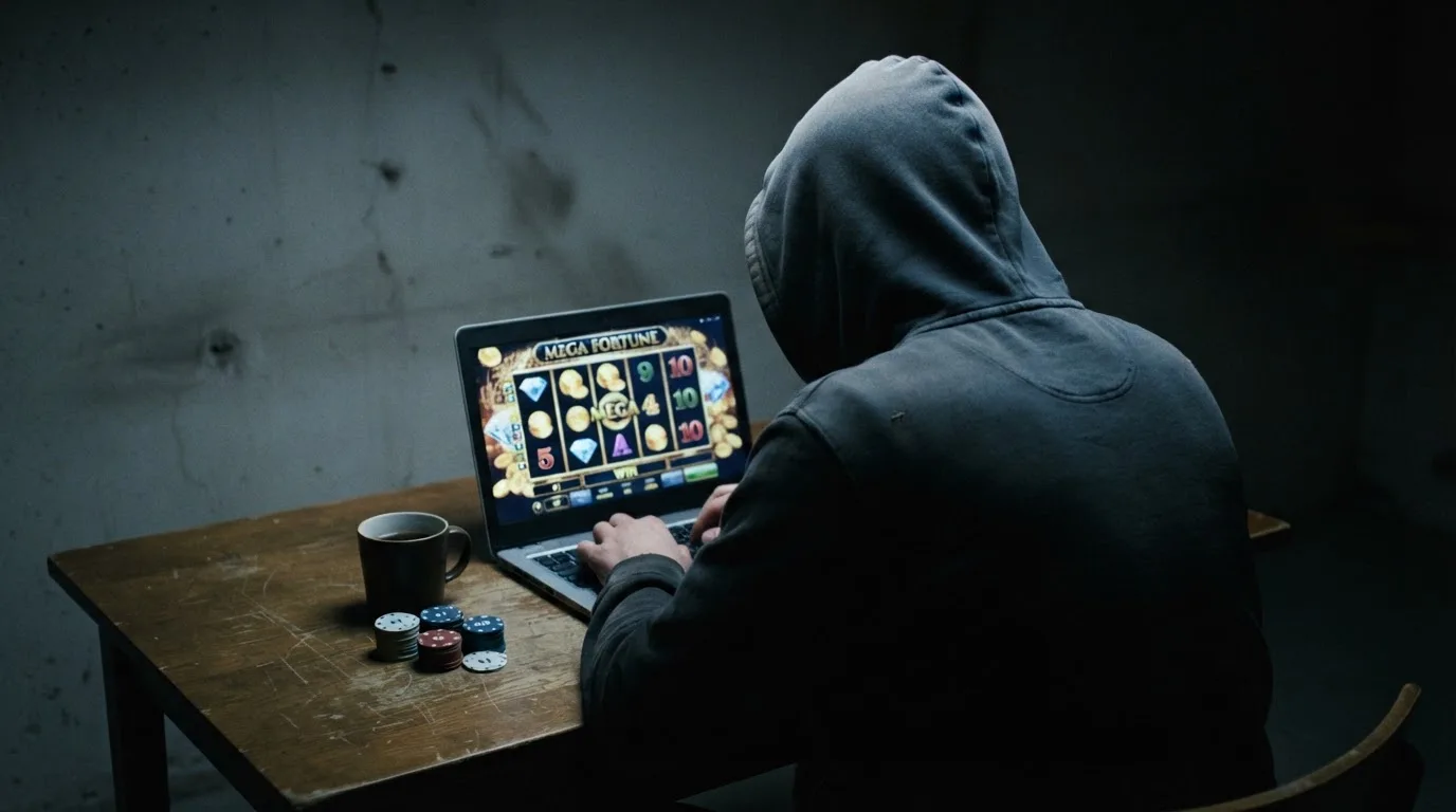 Fotografía de una persona con capucha usando un portátil en una habitación oscura, transmitiendo la idea de anonimato en línea.