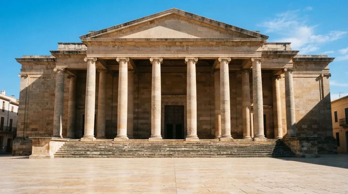 Fotografía de la fachada de un edificio institucional español con columnas clásicas bajo un cielo despejado.