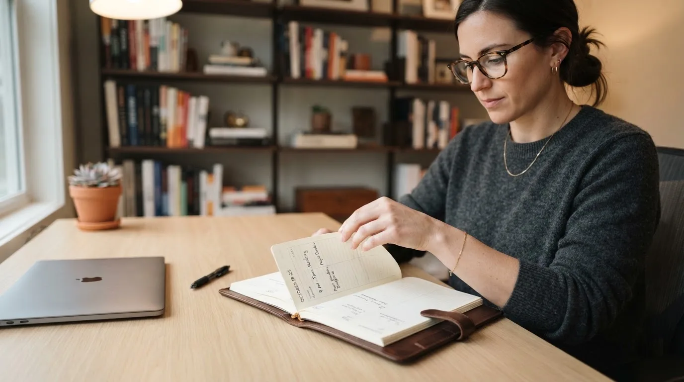 Una mujer con gafas revisa su agenda en un escritorio de oficina moderna con estanterías al fondo.