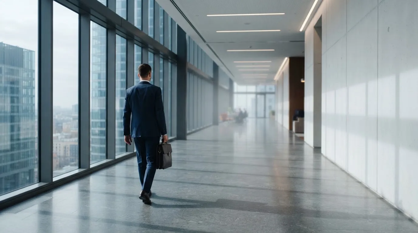 Un hombre con traje camina por el pasillo de un edificio de oficinas moderno con grandes ventanales.