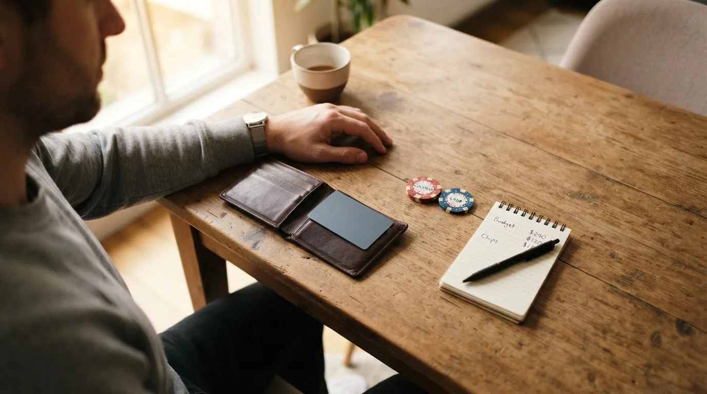 Un hombre revisa su cartera con tarjetas y monedas sobre una mesa de madera en casa.