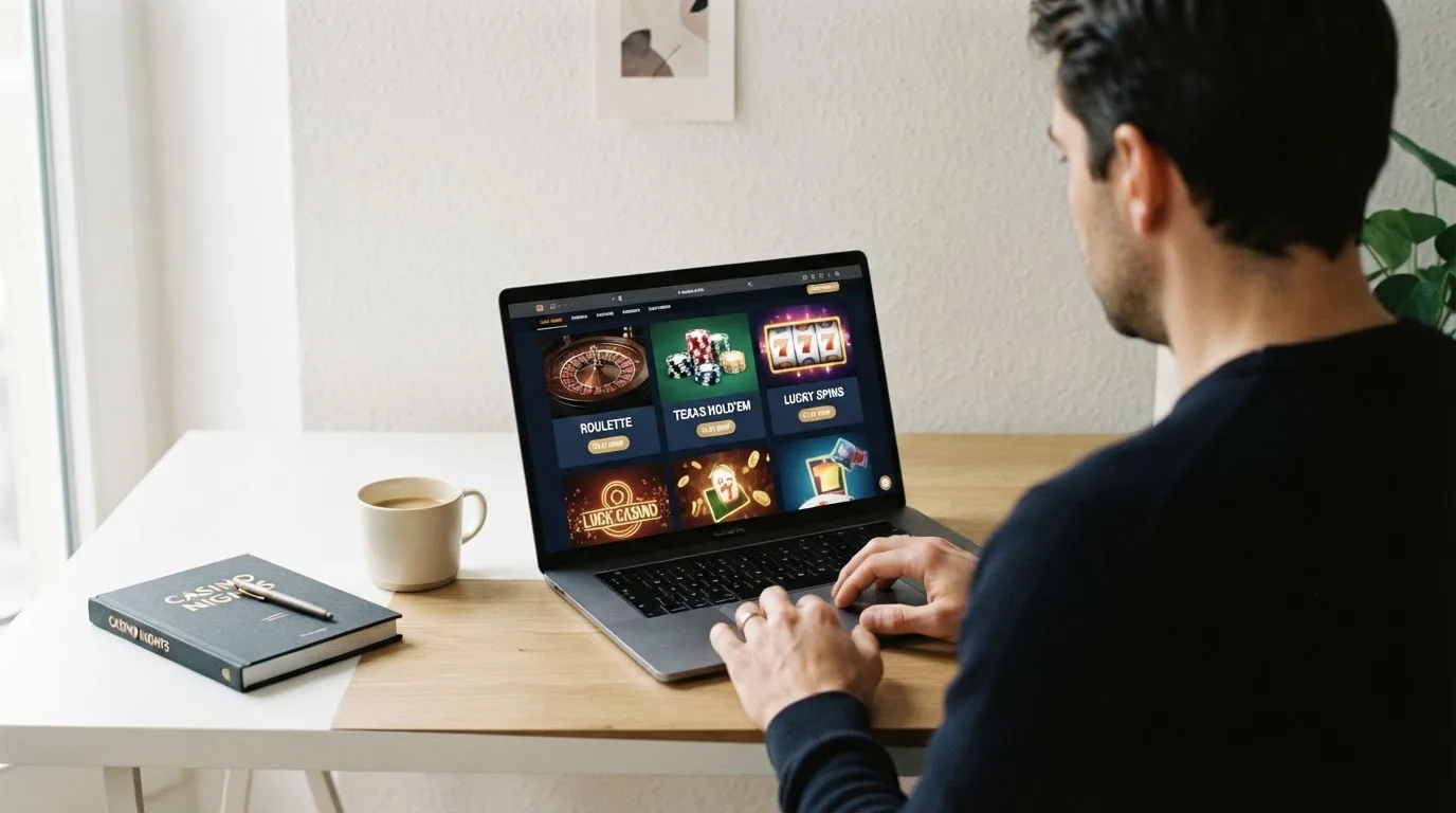 Un hombre explora distintos juegos gratuitos de casino en la pantalla de su ordenador portátil, sentado en su escritorio.