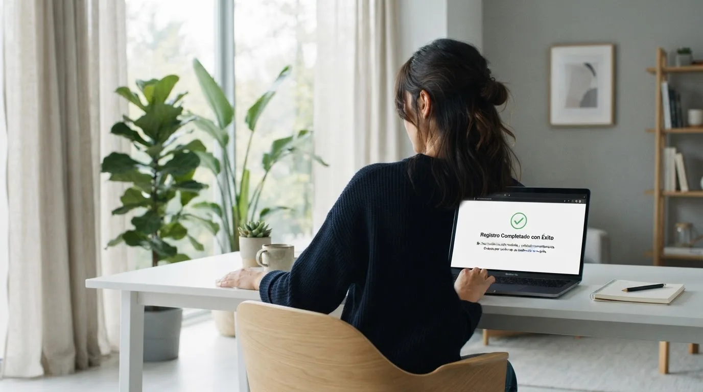 Una mujer revisa con atención la pantalla de su portátil sentada en una oficina moderna con plantas.