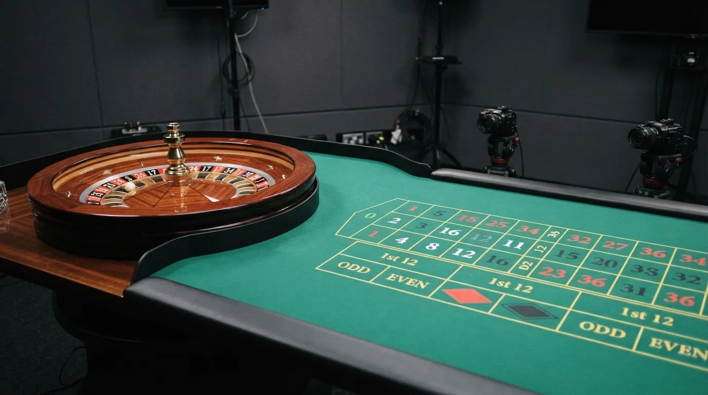 Una mesa de ruleta en vivo vacía momentos antes de empezar la retransmisión, con luces de estudio profesional encendidas.