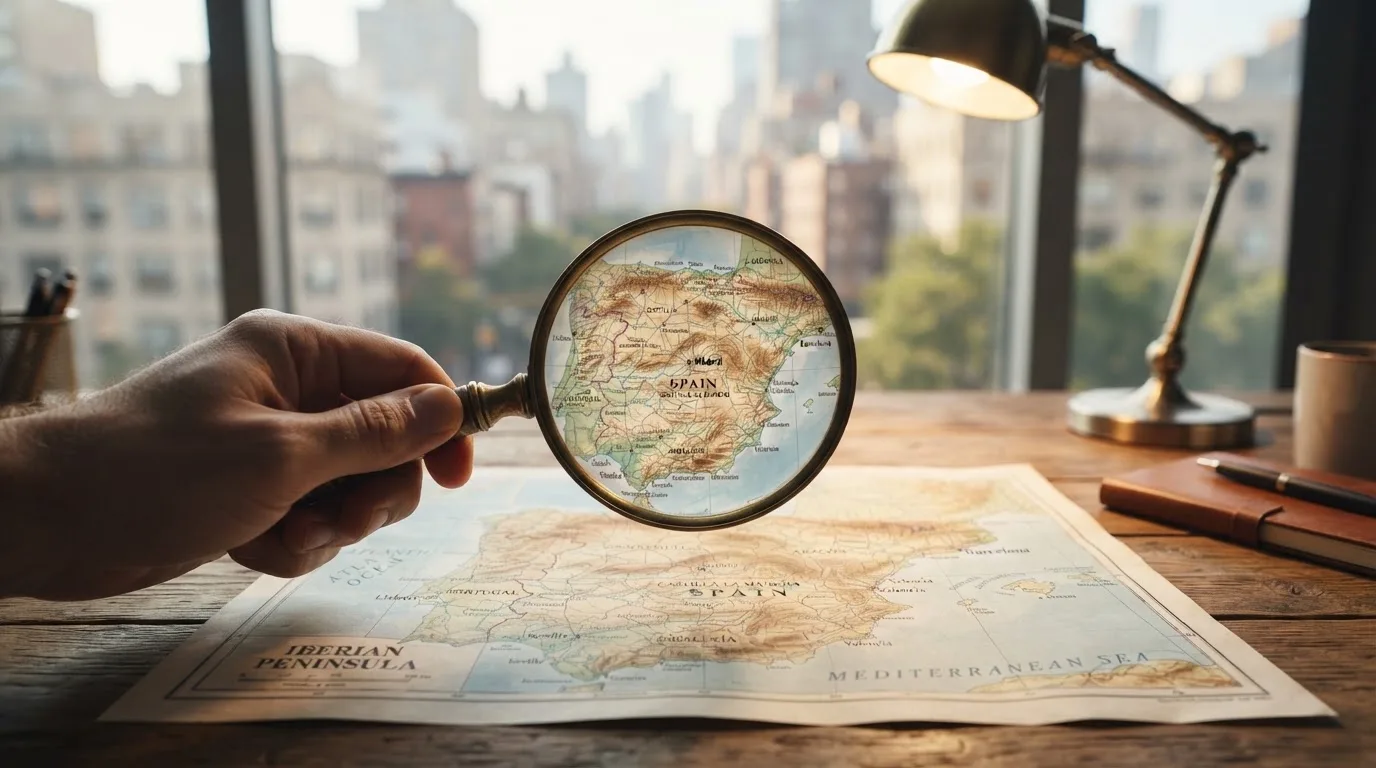 Una lupa sobre un mapa de España iluminado en un escritorio de oficina, con una ventana al fondo desenfocada.