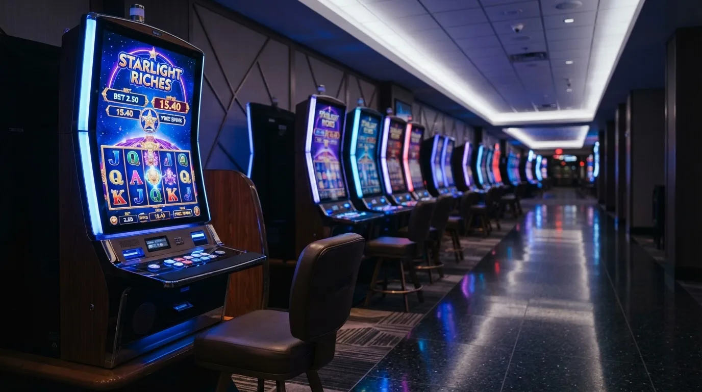 Una hilera de máquinas tragaperras modernas con luces de colores encendidas, fotografiada en un pasillo de casino vacío.