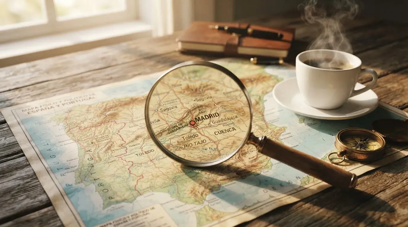 Una lupa sobre un mapa de España colocado en un escritorio de madera junto a una taza de café humeante.